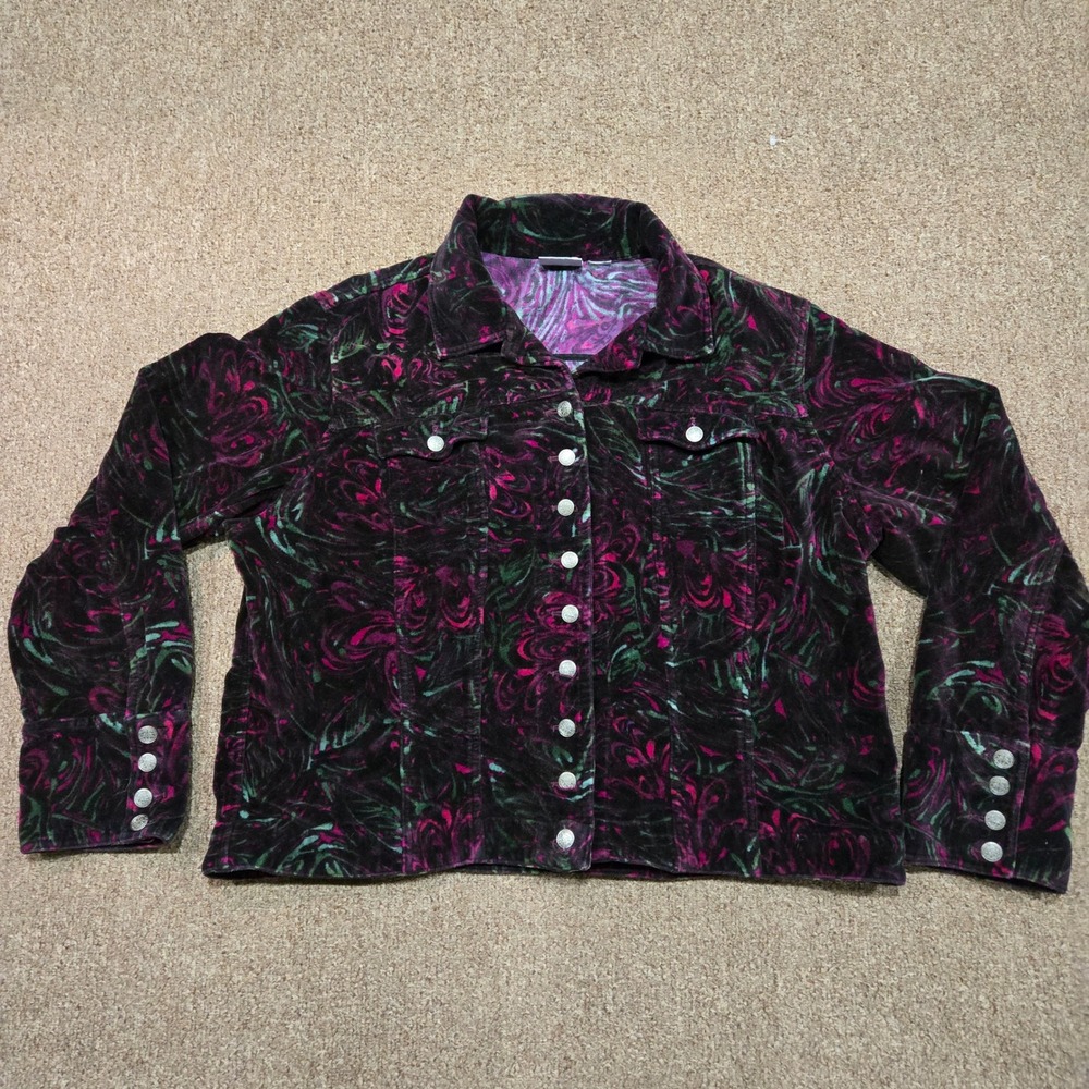 Chico's Velvet Jacket Womens 2‎ Purple Green Swirl Aztec Shacket Art To Wear